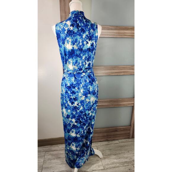 GRIFFLIN PARIS MAXI DRESS BLUE PRINT Geometric Floral Sleeveless Summer Large - Picture 6 of 12
